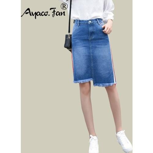 2019 Summer Jeans Skirt Women Girls High Waist Jupe Irregular Edges Denim Skirts Female Saia Stripe Faldas Casual Pencil Skirt