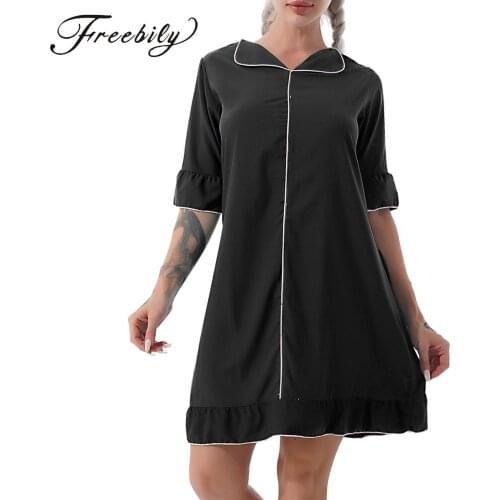 Women Nightdress Turn-down Collar Half Sleeve Ruffled Nightgowns Casual Homewear Nightwear