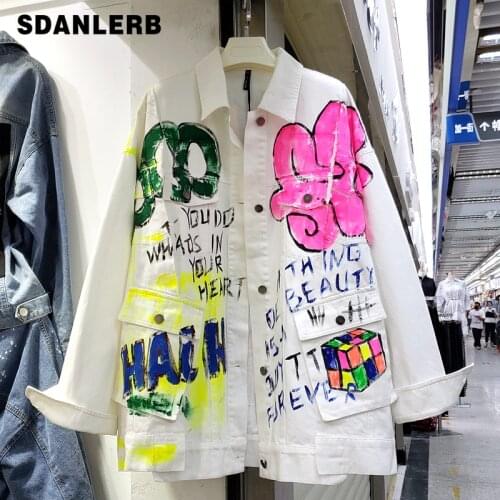Womens Clothing 2021 Spring New Long Sleeve White Jeans Fashionable Graffiti Loose Denim Coat Versatile Plus Size Jeans Jacket