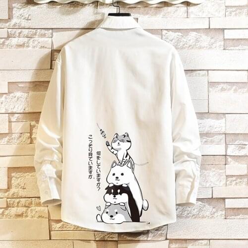 Plus Size 5XL-M Autumn New Original Cats and Dogs Print Long Sleeve Shirt Men Clothing 2021 Simple Loose Casual Chemise Homme