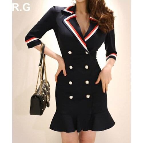 Women Ruffle Blazer Dress Half Sleeve Double Breasted Women Office Work Wear Long Jacket Dress Spring Summer robe femme ete 2018