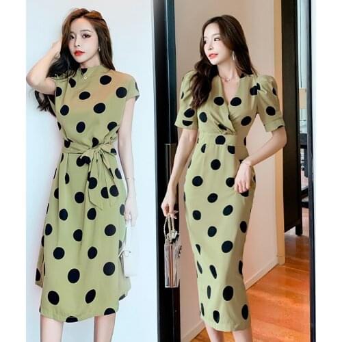2021 New Fashion Summer Bodycon Pencil Dress Women Chiffon Wave Point Green Short Sleeve Dress Office Ladies O Neck Dress