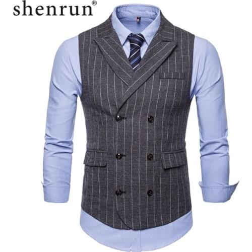 Shenrun Men Stripe Vests Fashion Double Breasted Peak Lapel Suit Waistcoats Business Office Work Casual Dark Grey Coffee Gilet