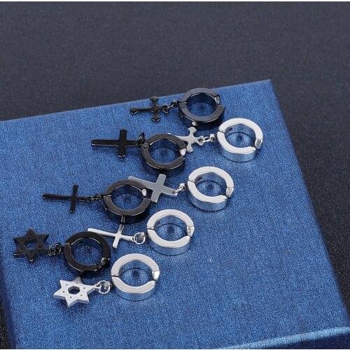 2pcs Hip Hop Punk Stainless Steel Cross Star Tassel Ear Clip Cuff Earrings For Men Women Non Piercing Brincos Jewelry Gifts