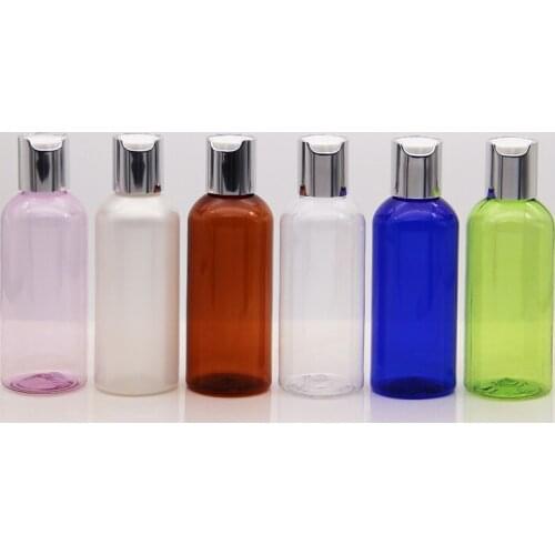 50pcs 100ml brown empty plastic bottle with white silver disc top cap,liquid soap bottle container,shampoo bottle Shower Gel