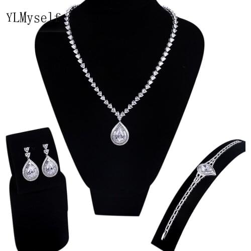 Big water drop wedding party 3pcs jewelry sets White/Gold plate Necklace+Bracelet+earrings Large CZ Women jewellery set