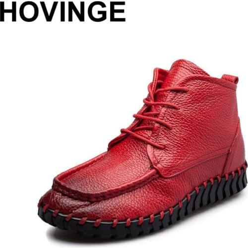 HOVINGE Antumn Winter Women Boots Vintage Genuine Leather Soft Outsole Flat Shoes Handmade Full Grain Leather Ankle Boots