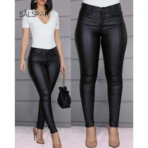 SALSPOR Sexy Leather Pants Women Slim High Waist Trousers Push Up Solid Color Pants Casual Pencil Pants Free Shipping