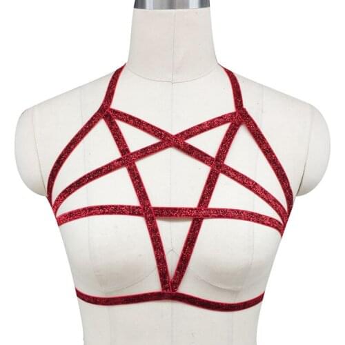 Red Glittering Pentagram Bra Elastic Pentagram Harness Goth Witch Punk Grunge Rock Cage Bra Bondage Fetish Harness Belt O0246