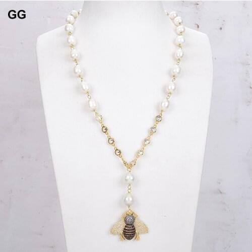 GuaiGuai Jewelry 22" White Rice Pearl Necklace Cz Pave Bee Pendant