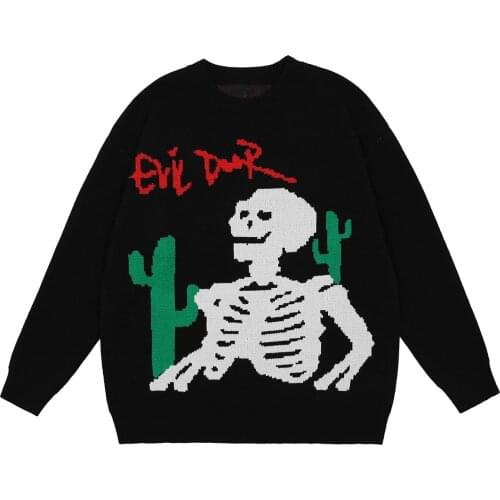 Mens Hip Hop Streetwear Harajuku Sweater Skeleton Letter Knitted Unisex Casual Vintage Oversize Couple Pullovers Sweater Male