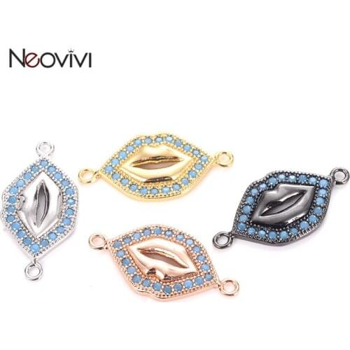 Neovivi Lips Beads for Beadwork Pave Blue CZ Cooper Mouth Charms Bracelets Necklaces Handemade Connector Jewelry Making Findings