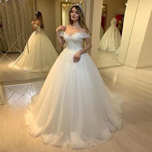 New Product Hot Sell Handmade Bead Applique Tulle Bridal Gowns Ball Gown Wedding Dress