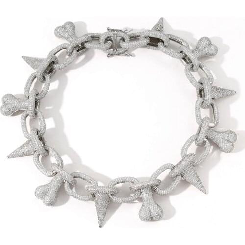 Iced Heavy Punk Rivet Bone Choker Bling Cubic Zirconia Mens Necklace Hip Hop Jewelry Gold Silver Color Chain Gifts