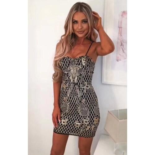 Spaghetti Strap Sexy Women Summer Dress Geometric Strapless Bodycon Bandage Party Dresses Vestidos Club Mini Dress Wholesale