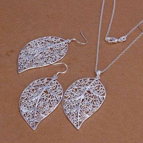 Hot silver color jewelry sets vintage European style exquisite hollow leaf pendant necklace Drop Earrings S180