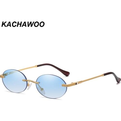 Kachawoo rimless vintage sunglasses oval small frame blue grey yellow metal round fashion eyewear men women popular decoration