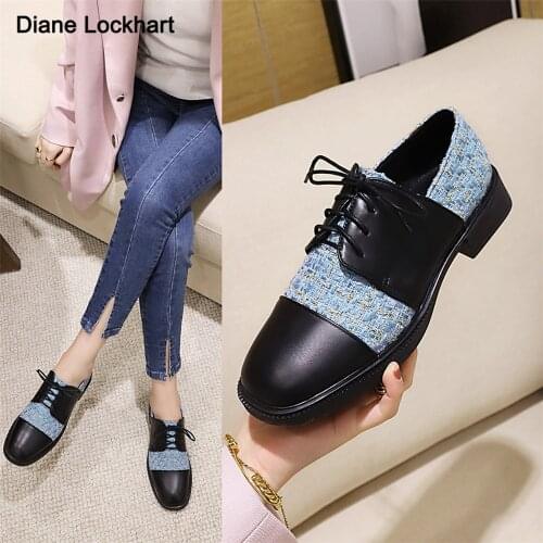 Shoes Women Lace Up Casual Shoes PU Leather Oxford Shoes Woman Flats Black Platform Shoes Work zapatos de mujer Blue Beige Black