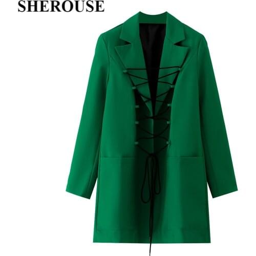 SHEROUSE Women Fashion With Pockets Bandage Solid Blazer Long Sleeve Notched Neck Vintage Female Coats Chic Top