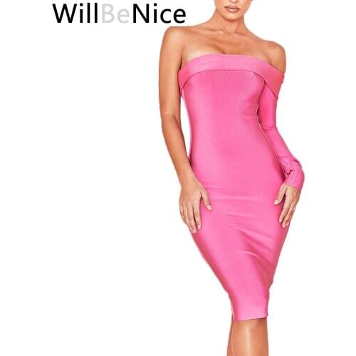 WillBeNice 2019 Pink Women One Shoulder Bandage Dress Knee Length Sexy Off Shoulder Club Winter Bandage Dress Bodycon Vestidos