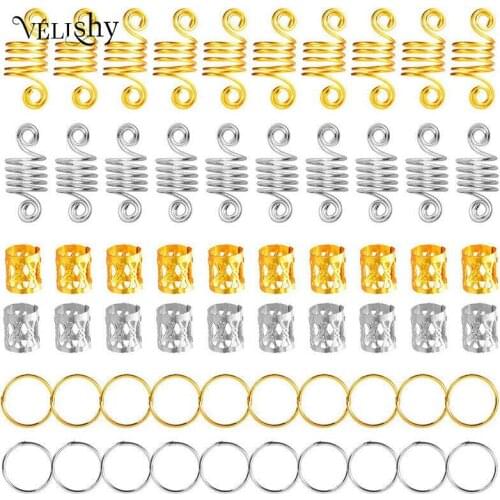 60pcs/set Metal Hair Ring Tubes Beads Cuffs African Hair Braid Accessories Jewelry Dreadlock Decoration Bead Women Child