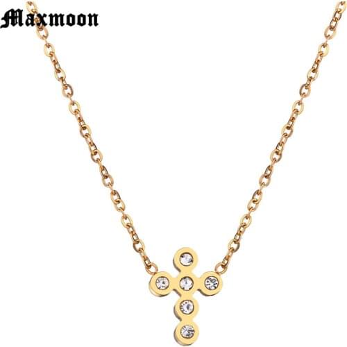 Maxmoon Stainless Steel Cross Pendant Necklace Iced Out Rhinestone Gold Silver Color Tone Crucifix Charm Jewelry
