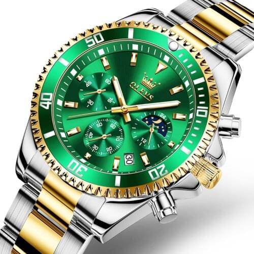 OLEVS Brand watches hot selling multi-function chronograph three-eye green water ghost waterproof mens watch