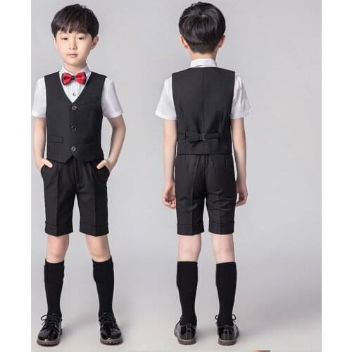 Boys Summer Formal Suit Waistcoat+Shorts+Bowtie Children Wedding Party Clothing Set School Kids Performance Tuxedo Costume
