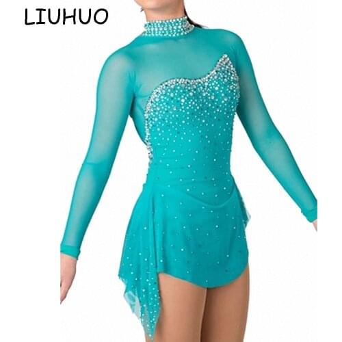 Kids Girl Sheer Ballroom Dance Competition Dresses Tulle Splice Cutouts Back Figure Skating Dress Ice Ballet Dance Leotard Dress