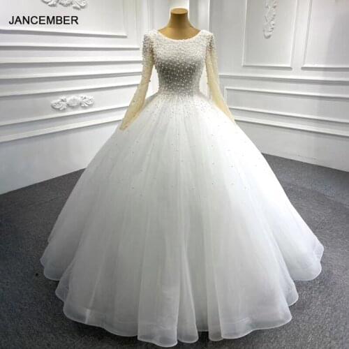 J67205 Simple White Wedding Dress 2021 Tulled Pearls O-Neck Long Sleeve Lace Up Back Beading Ball Gowns