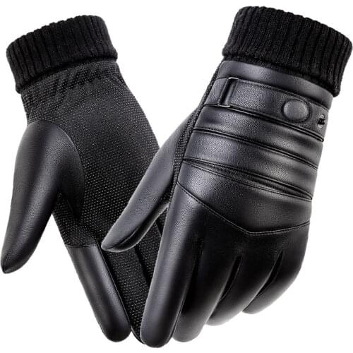 Leather gloves men warm riding plus velvet and cotton thickening touch screen waterproof cycling motorcycle gloves mens winter