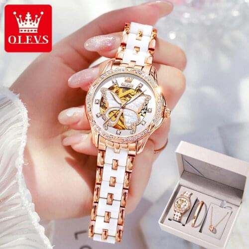 Fashion Womens Automatic Watch Mechanical Ladies Watch Butterfly Ceramic Stainless Steel Female Wristwatches Gifts Montre Femme