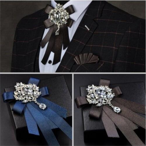 Rhinestones Bow Tie Set Brooches for Men Wedding Groom High-end Luxury Banquet Host Bowtie British Korean Mens Handmade Jewelry