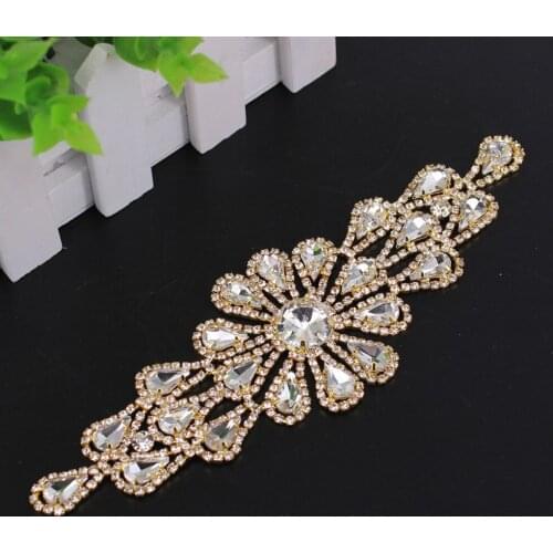 18.2x5.8cm Gold Rhinestone Applique for Women Wedding Dress Sew On Strass Rhinestone Applique patch For Wedding Belt