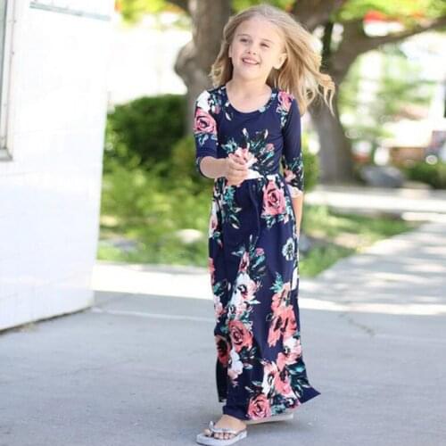 New Kids Girls Child Casual Long Sleeve Crew Neck Beach Boho Long Maxi Dress Summer Party Floral Print Dress Sundress Child