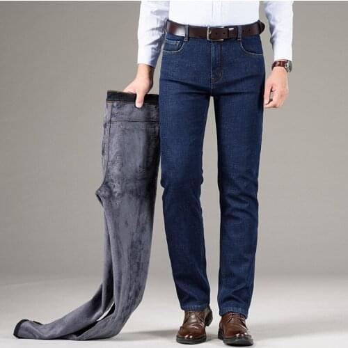 2021 winter new mens warm thick business jeans classic cotton straight-leg jeans mens brand trousers plus velvet thickening