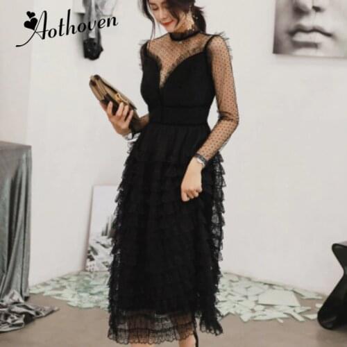 Autumn Cascading Ruffle Lace Dress Women Black Full Sleeve Stand Collar Elegant Office Lady Party Dress Vintage Work Dresses