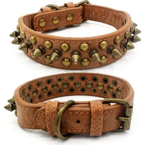 Adjustable Leather Spiked Studded Dog Collars for Small Medium Large Pets Anti-Bite Retro Style Pit Bull Bulldog Boxer Collar
