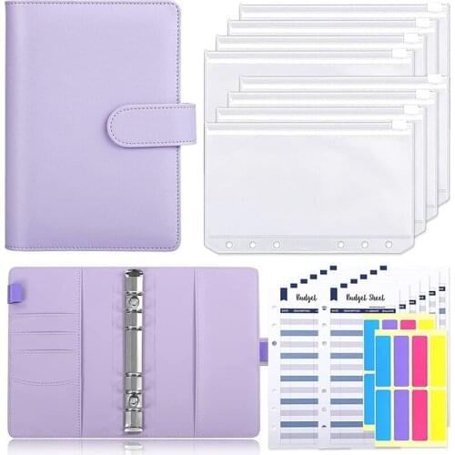 A6 PU Leather Budget Binder,with 8 A6 Binder Bags,12 Papers,6 Ring Binder Budget Envelope System, with Label Stickers
