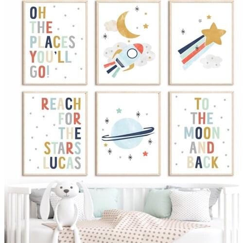Space Rocket Planet Stars Moon Cartoon Nordic Posters And Prints Nursery Wall Art Canvas Painting Wall Pictures Child Room Decor