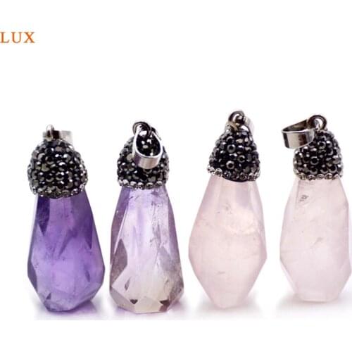 Natural Stone Pendant teardrop Shape Rose quartzs Amethysts Purple Color paved crystal rhinestone Fashion Pendant Jewelry
