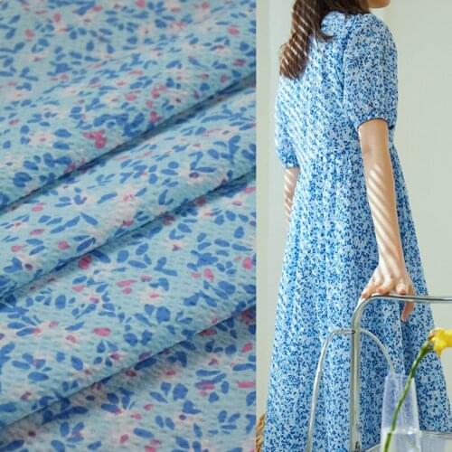 Half Meter Little Fresh Beauty Light Blue Flower Print Seersucker 100% Cotton Fabric For Dress Shirt Shaggy Skirt CR-912