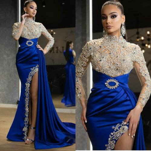 Luxury Beading Prom Dresses Royal Blue Crystal High Neck Long Sleeve Mermaid Evening Gowns Side Split Party Club Wear vestidos