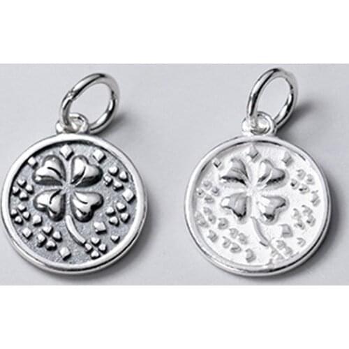 925 Sterling Silver Double Sides Clover Pattern Round Charms 15mm Lucky Fine Matte Silver Necklace Pendant DIY Jewelry Making