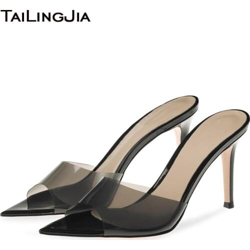 Clear PVC Shoes Womens Pointed Toe High Heels Mule Sandals Ladies Large Size Red Party Shoe Black Transparent Summer Slippers