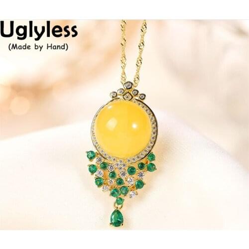 Uglyless High End Natural Amber Evening Dress Necklaces Women Zircons Crystals Tassel Pendants 925 Silver Beeswax Jewelry +Chain