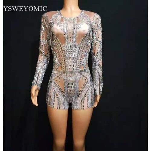2019 Silver Rhinestones Bright Nude Stretch Dress Birthday Celebrate Glass Diamond Short Prom Female Singer Dance Costume
