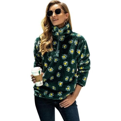 Casual Sweatshirt Women Flower Print Stand Collar Pockets Pullovers 2021 Autumn Zipper Loose Elegant Sweatshirts Female CX2024