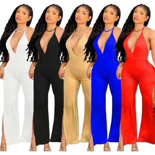 Casual Knitted Rib Solid High Slit Wide Leg Pants Jumpsuit Women Sexy Deep V Neck Sling Streetwear Romper Overalls for Women