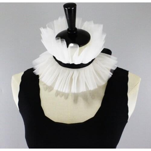 Women Victorian Vintage Mesh Ruffled Stand False Fake Collar Lace-Up Ribbon Bowknot Steampumk Neck Ruff Elizabethan Cosplay Pro